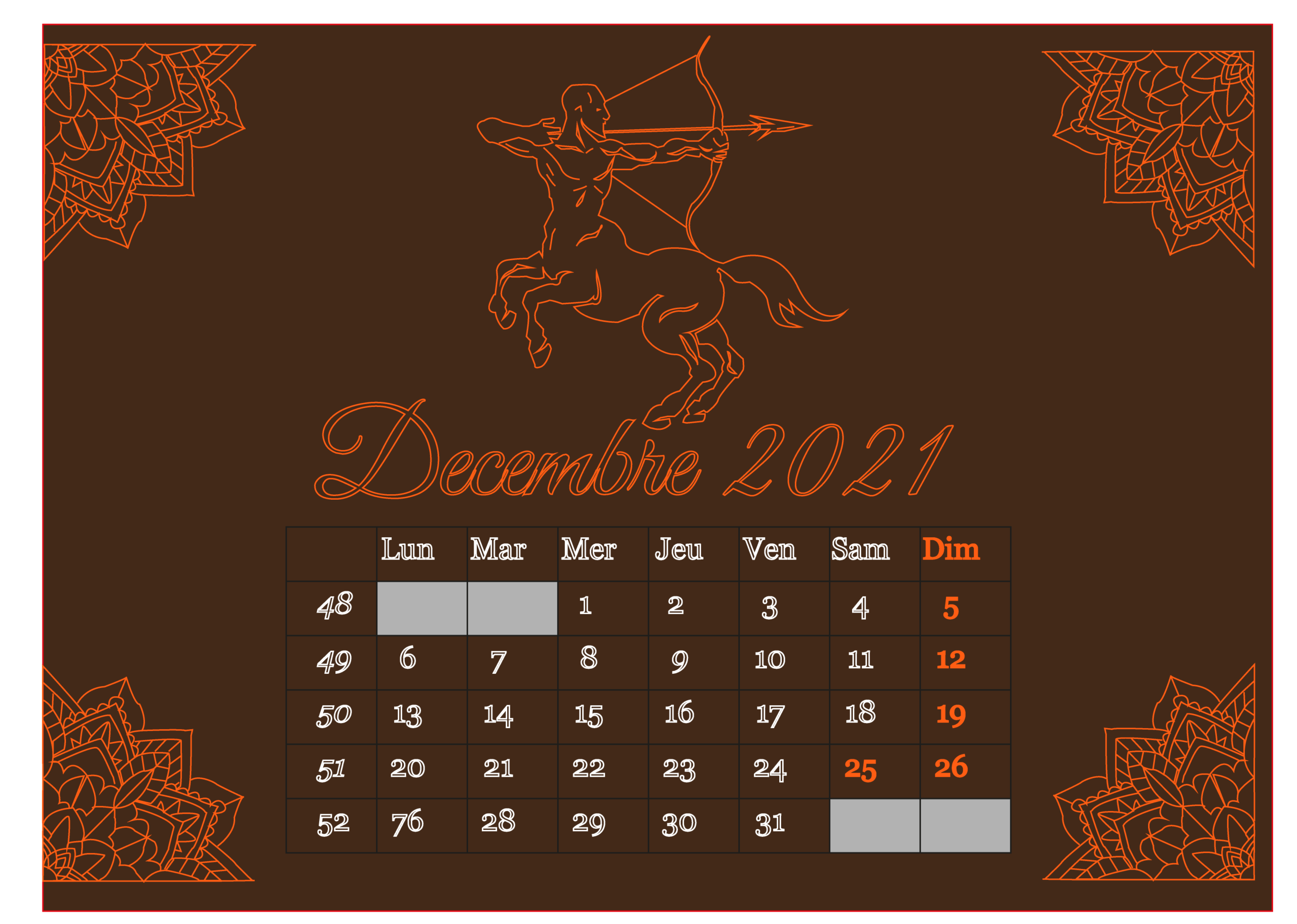 Décembre 2021 Calendrier Sagittaire Illustrator Bouclainville infographiste