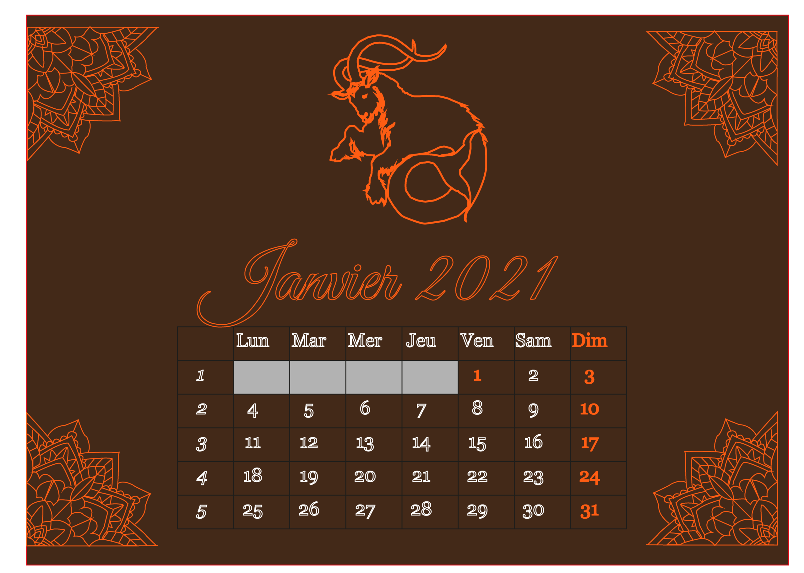 janvier 2021 Calendrier 2021 Illustrator Bouclainville infographiste