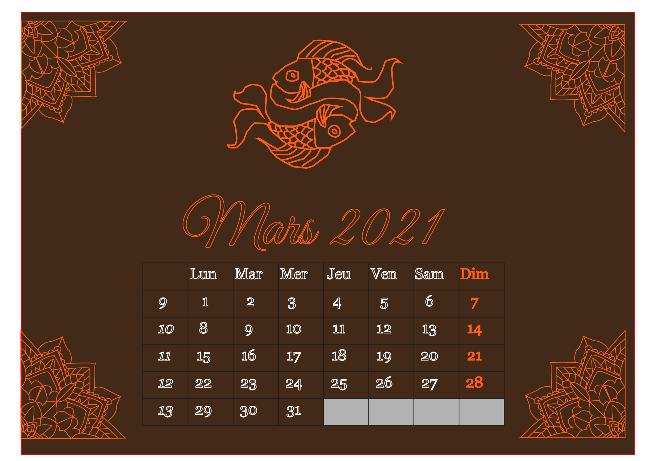 Mars 2021 Calendrier 2021 Illustrator bouclainville poissons  infographiste 
