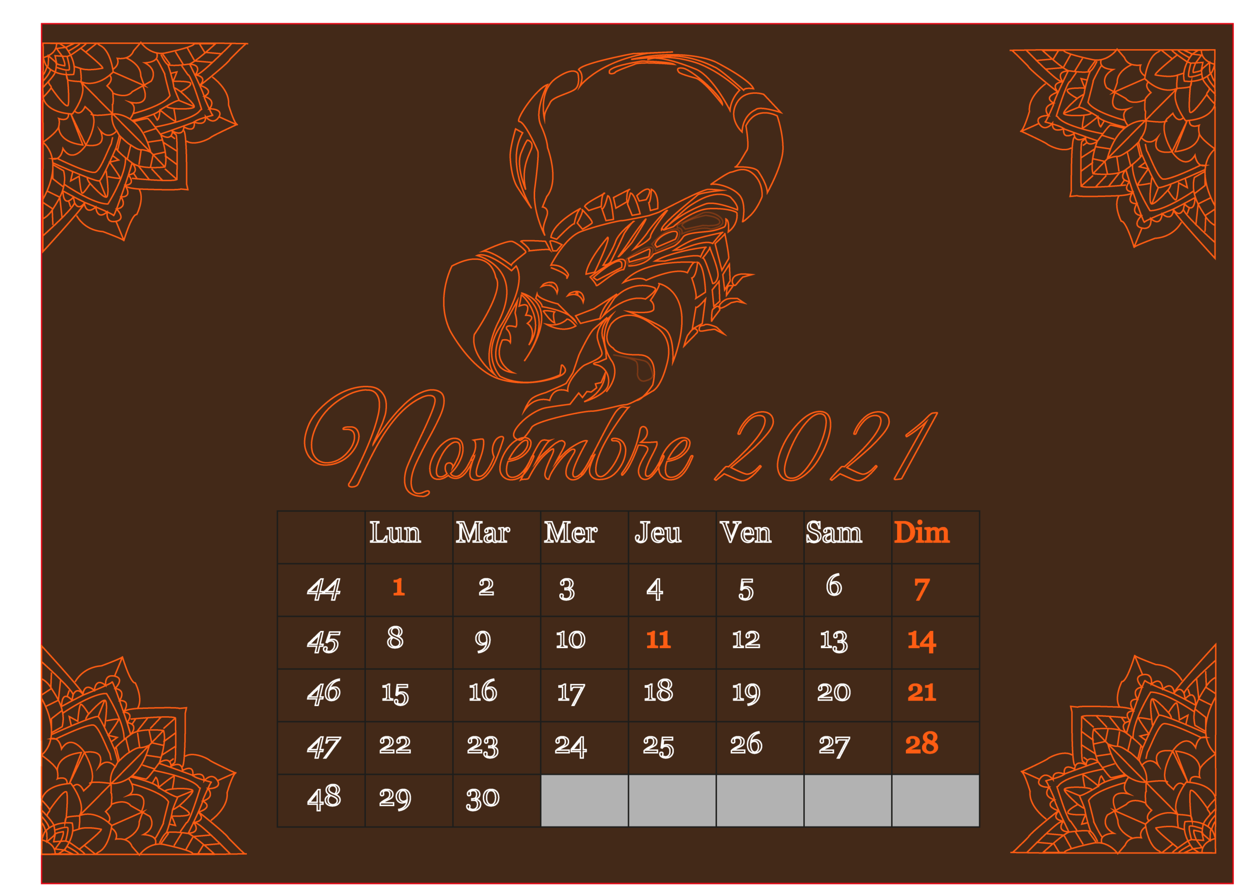 Novembre 2021 Calendrier Scorpion Illustrator Bouclainville infographiste