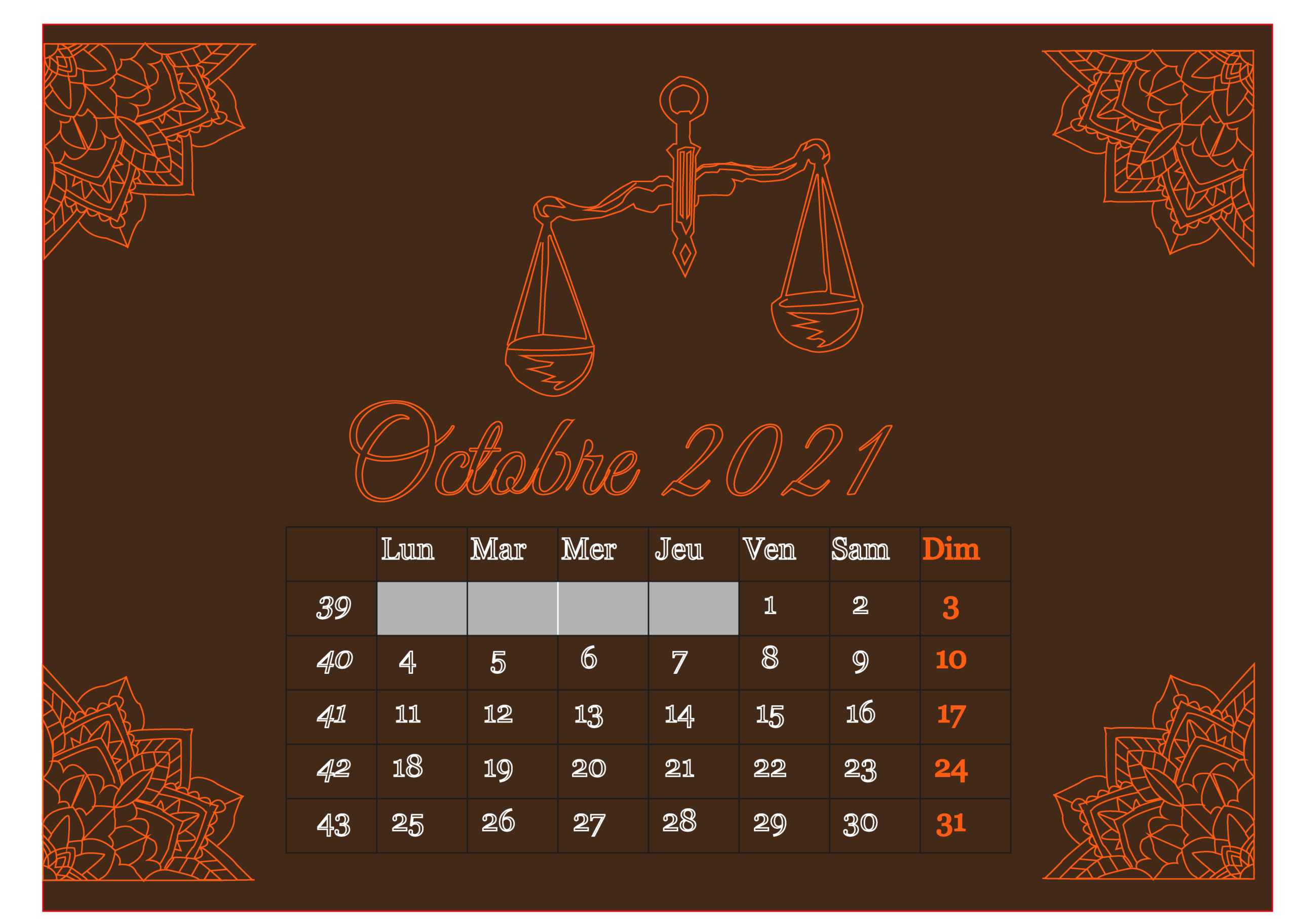 Octobre 2021 Calendrier Balance Illustrator Bouclainville infographiste