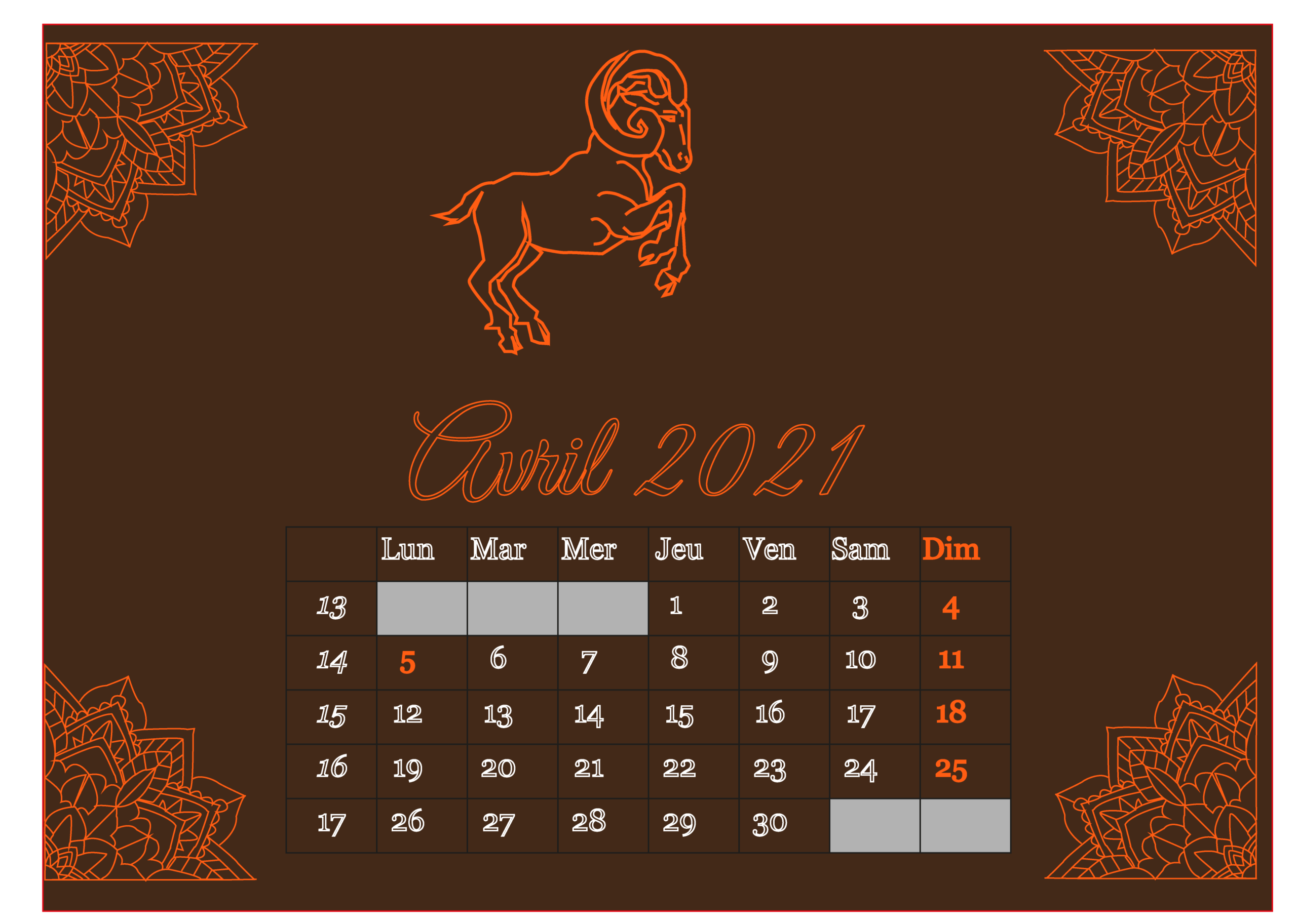 Avril 2021 Calendrier 2021 Illustrator bélier Bouclainville 