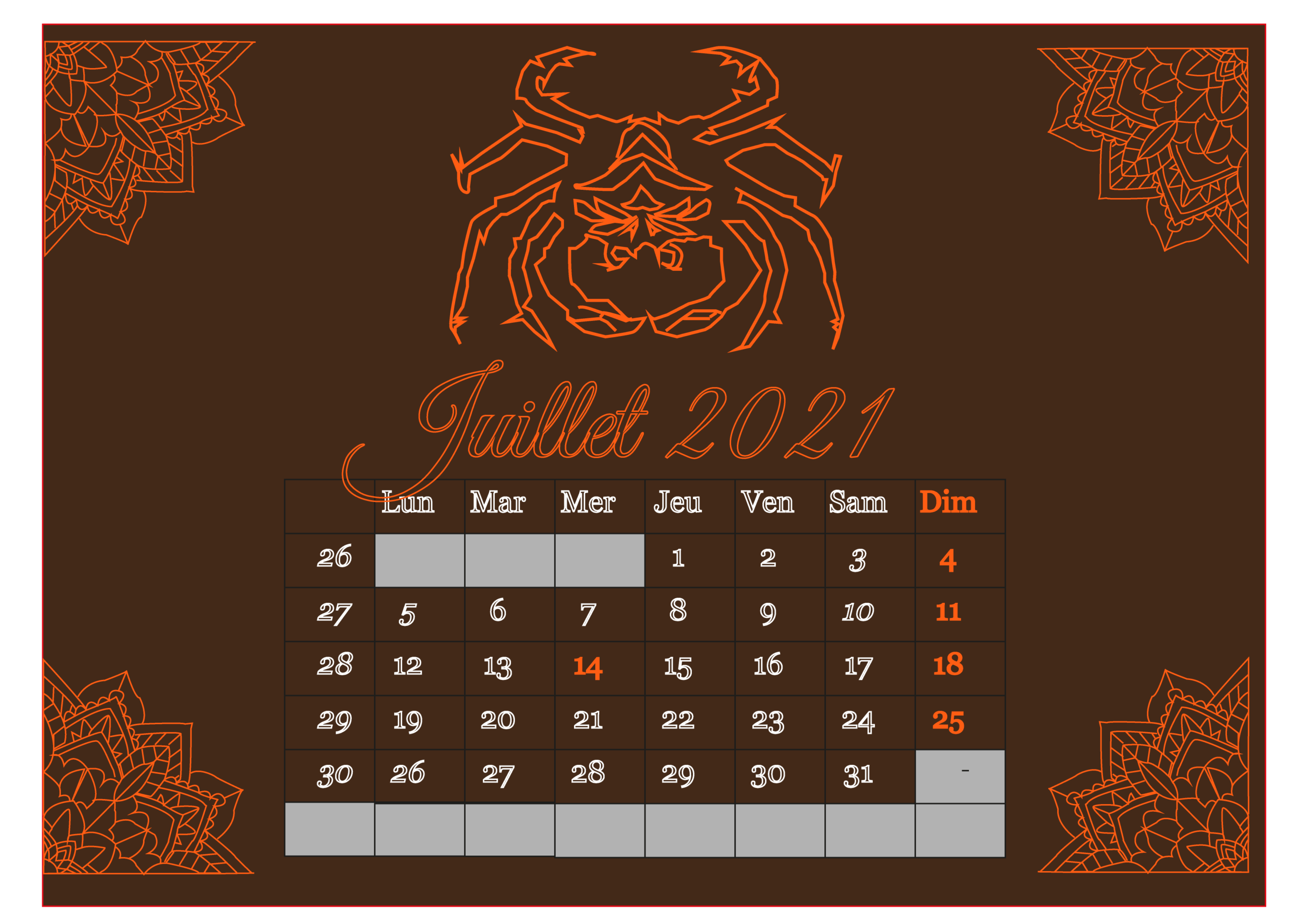 Juillet 2021 Calendrier 2021 Illustrator cancer Bouclainville infographiste